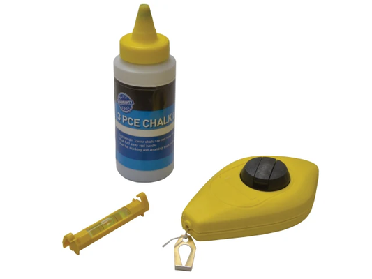Yellow and white chalk bottle with a small yellow tool on a white background