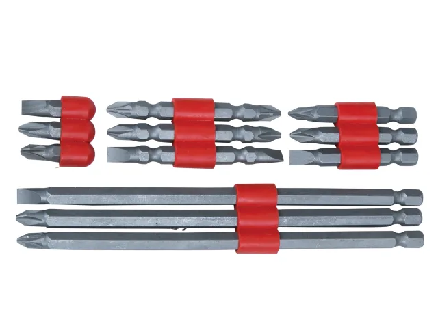Set of drill bits with red bands on a white background
