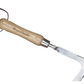 Gardening tool with wooden handle and metal blade on a white background