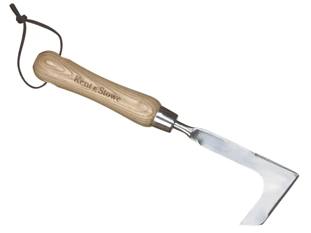 Gardening tool with wooden handle and metal blade on a white background