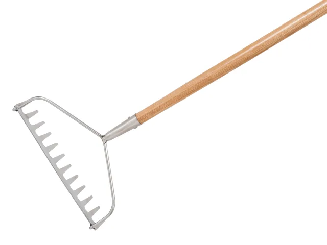 Metal garden rake with wooden handle on a white background
