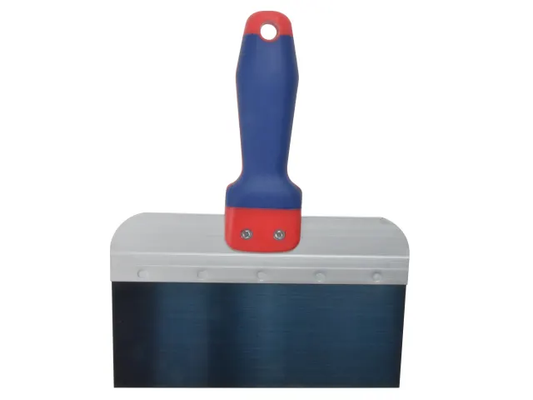 Metal trowel with blue handle on a white background