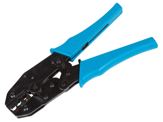Pair of crimping pliers with blue handles on a white background