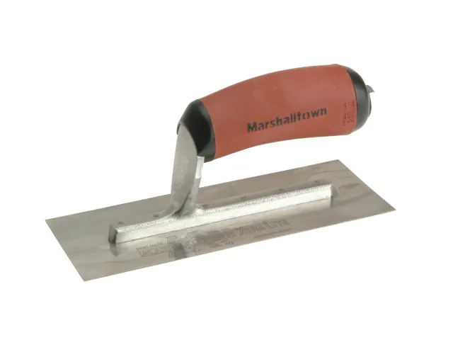 Plastering trowel with red handle and 'Marshalltown' branding on a white background