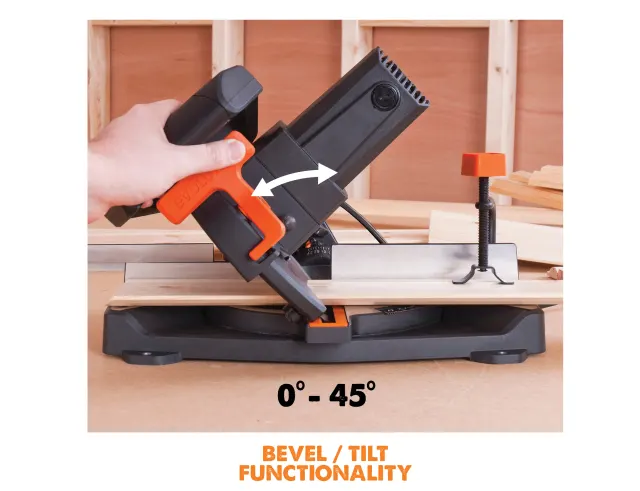 Handheld power tool with bevel/tilt functionality on a wooden surface
