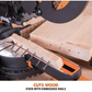 Circular saw cutting wood with embedded nails on a white background