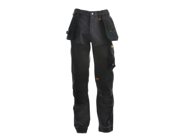 Black work pants with multiple pockets on a white background
