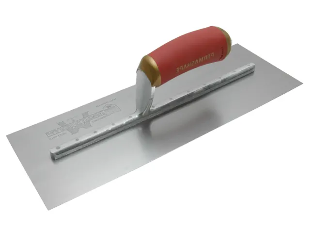 Metal trowel with red handle on a white background