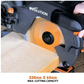 Cordless circular saw with 'Evolution' branding cutting a piece of wood.