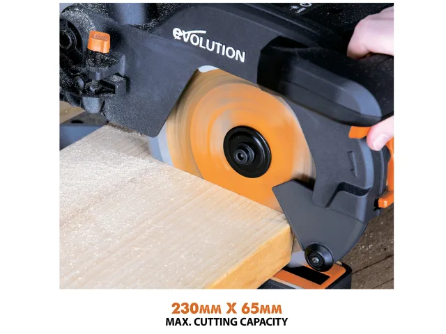 Cordless circular saw with 'Evolution' branding cutting a piece of wood.