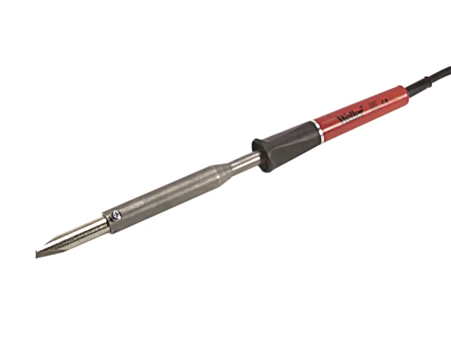 Soldering iron with a red and black handle on a white background