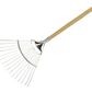 Garden rake with wooden handle on a white background