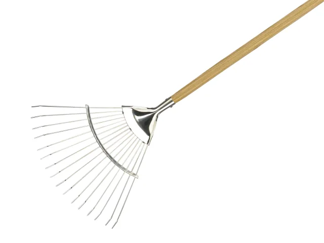 Garden rake with wooden handle on a white background