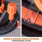 Close-up of a circular saw with an orange handle and clear cutting guide, highlighting angle settings for mitre and bevel cutting.