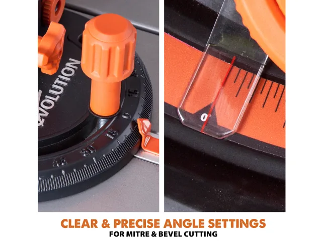 Close-up of a circular saw with an orange handle and clear cutting guide, highlighting angle settings for mitre and bevel cutting.