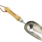 Metal garden scoop with wooden handle on a white background