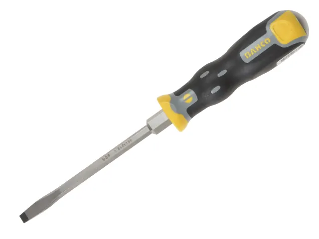Screwdriver with a black handle and yellow accents on a white background