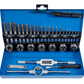 Set of screwdrivers and drill bits in a blue case on a white background