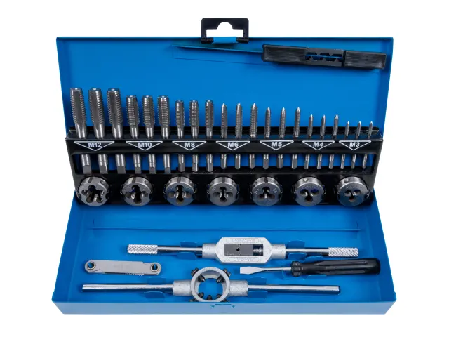Set of screwdrivers and drill bits in a blue case on a white background