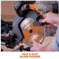 Person changing a blade on an Evolution circular saw with a blurred background