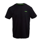 Black t-shirt with a logo on the chest against a white background