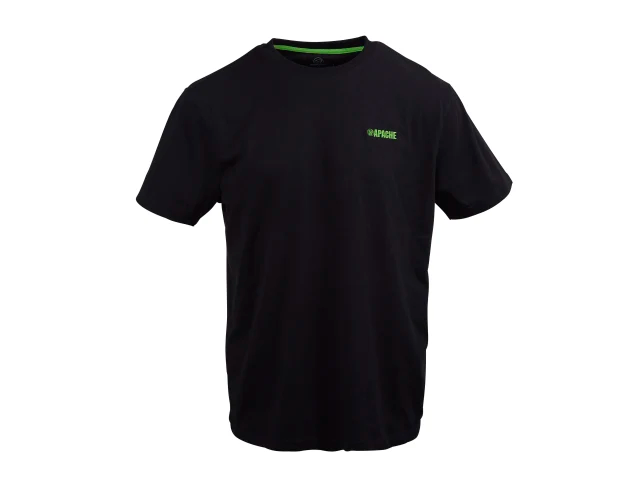 Black t-shirt with a logo on the chest against a white background