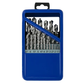 Set of drill bits in a blue plastic case on a white background