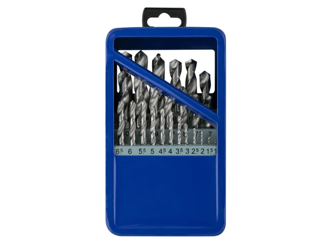 Set of drill bits in a blue plastic case on a white background
