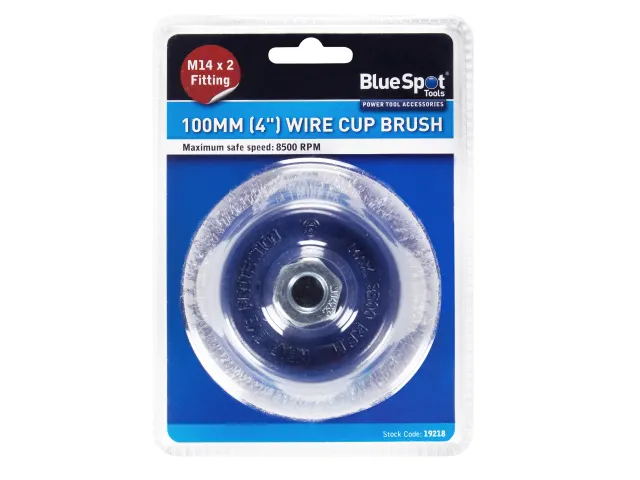 Blue Spot Tools 100mm wire cup brush packaging on a white background