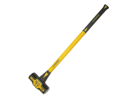 Yellow sledgehammer with black handle on a white background