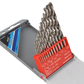 Set of drill bits in a red and gray holder on a white background