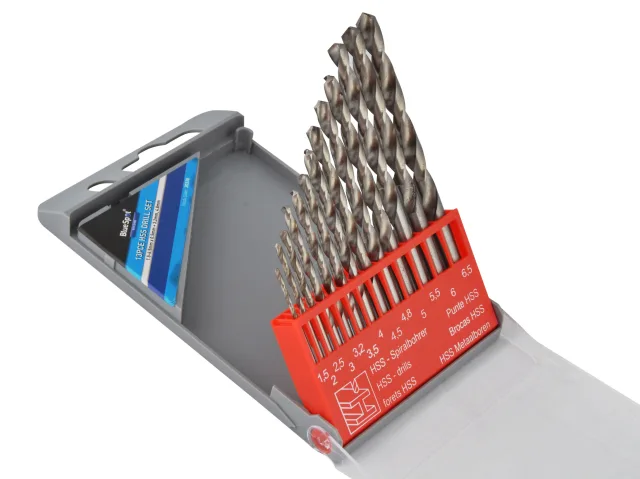 Set of drill bits in a red and gray holder on a white background