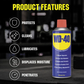 WD-40 spray can with product features listed on a dark background