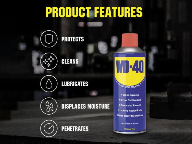 WD-40 spray can with product features listed on a dark background
