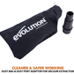 Black dust bag with 'evolution' branding and a dust port adapter on a white background.