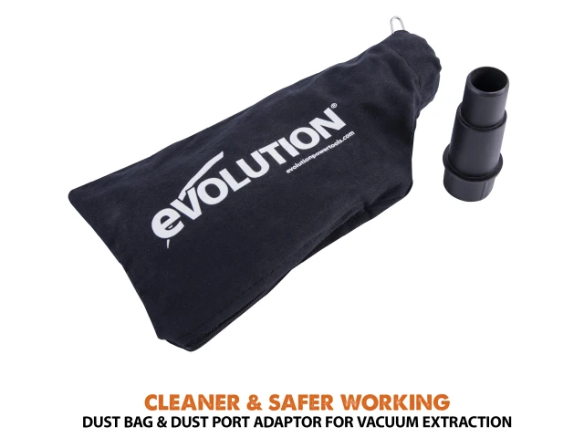 Black dust bag with 'evolution' branding and a dust port adapter on a white background.