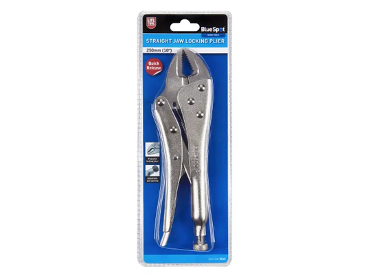 Pair of locking pliers in packaging with BlueSpot branding on a white background