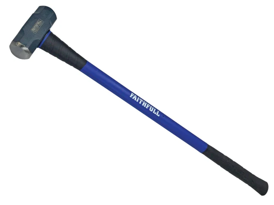 Sledgehammer with blue handle and black head on a white background, branded 'Faithfull'.