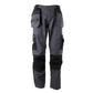 Gray and black work pants with multiple pockets on a white background