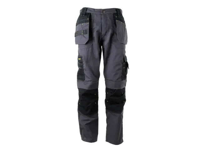 Gray and black work pants with multiple pockets on a white background