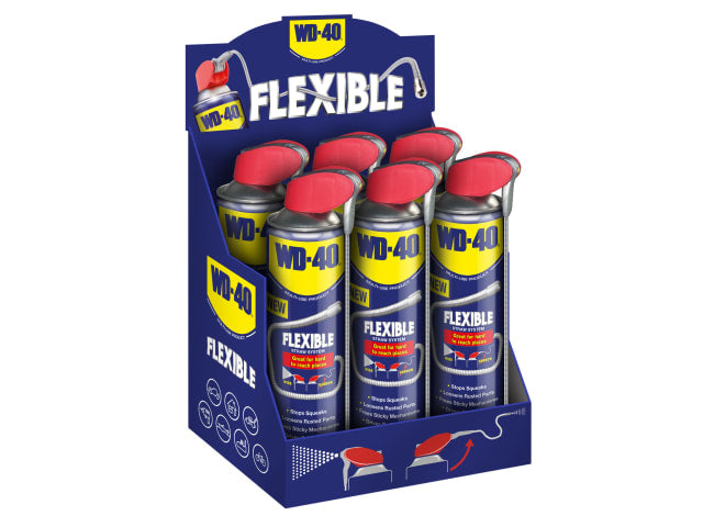 Display box of WD-40 Flexible lubricant cans on a white background