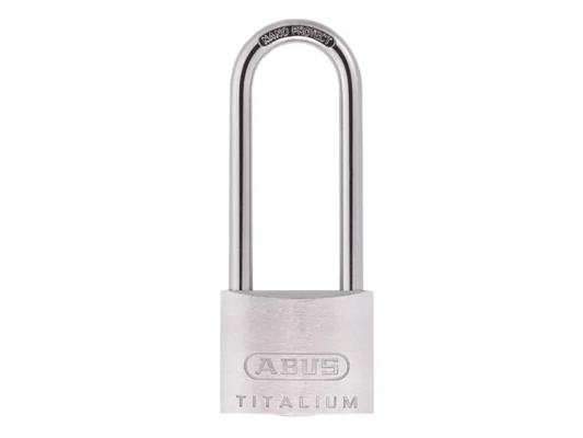 Silver Abus Titalium padlock on a white background