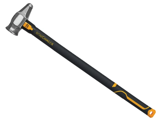 Hammer with a black handle and yellow accents on a white background