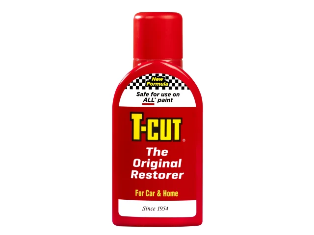 Red bottle of T-Cut restorer on a white background