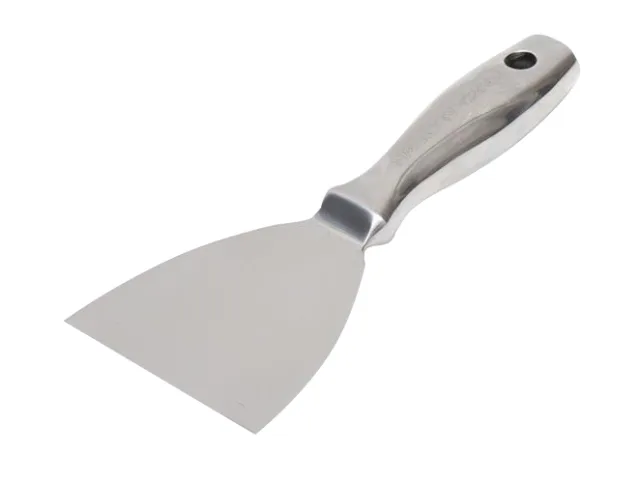 Metal putty knife with a white background