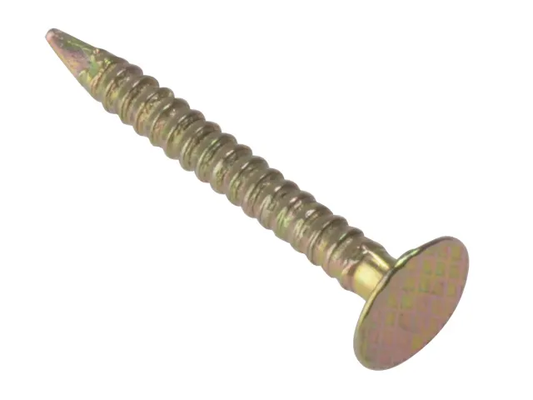 Metal screw with a threaded shaft and flat head on a white background