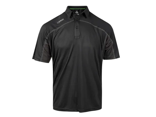 Black short-sleeve polo shirt on a white background