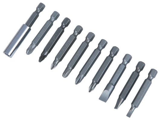 Set of various drill bits on a white background