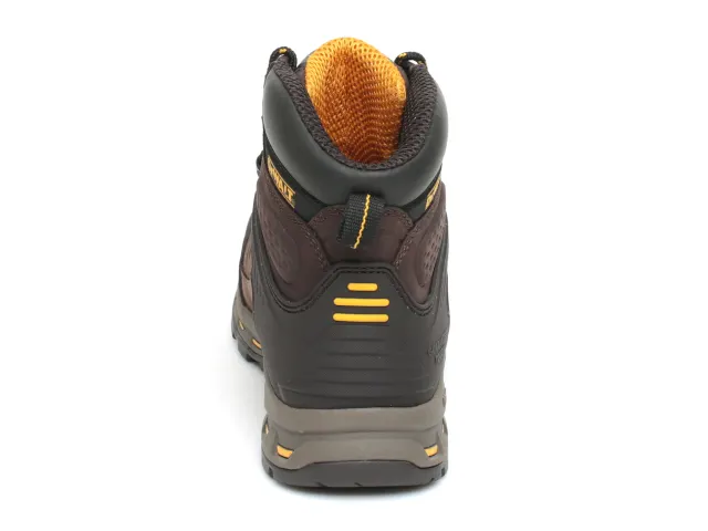 Brown and yellow work boot on a white background