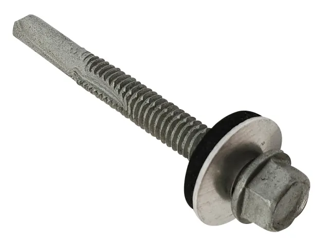 Metal roofing screw with washer on a white background